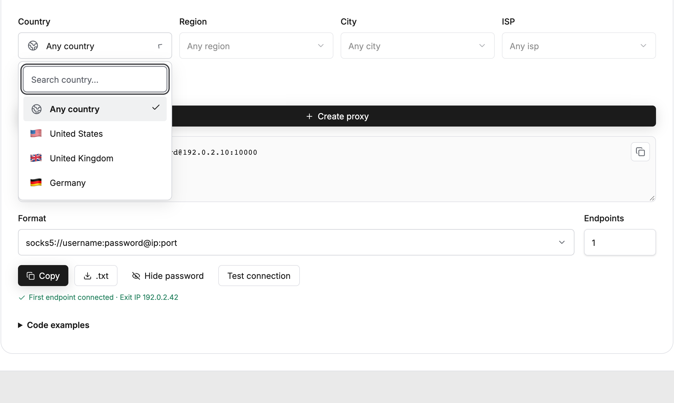 ProxyLane dashboard with location settings, generated proxies and connection testing